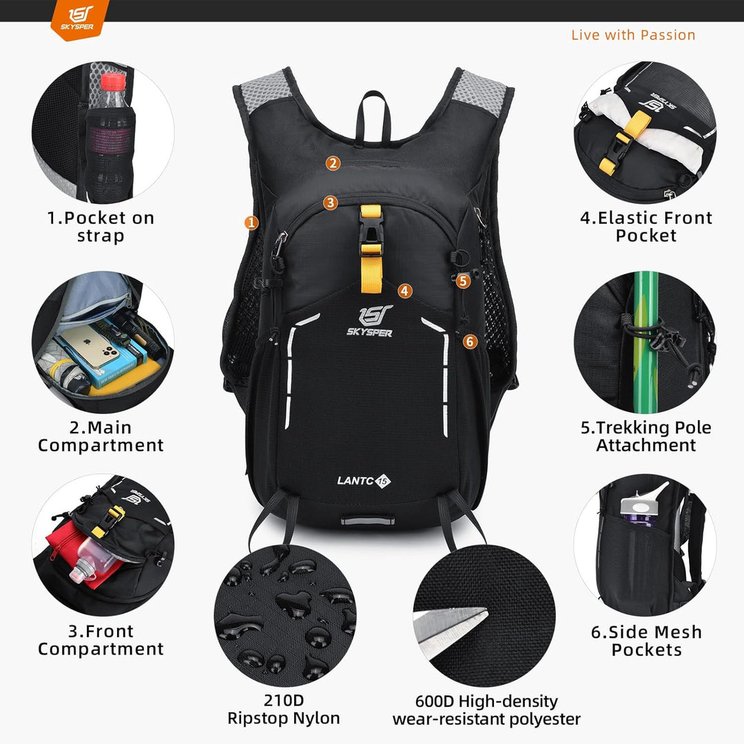 SKYSPER Wanderrucksack 15L Rucksack Herren Klein Tagesrucksack Leichter Trekkingrucksack für Wandern