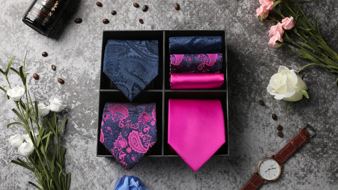 HISDERN Los 3 Stck Herren Krawatte Klassisch Elegante Krawatten und Einstecktuch Seidenkrawatte Set