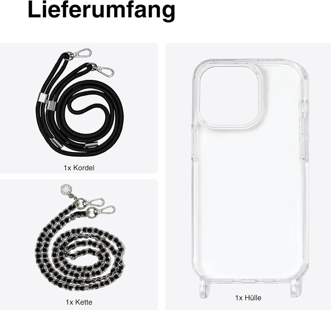Jalouza Handykette, Kordel & Hülle Bundle kompatibel mit iPhone 13 - Metallkette in Schwarz-Silber u