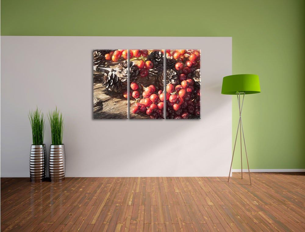 Pixxprint Vogelbeeren und Tannenzapfen / 3-Teilig/Gesamtmass 120cm Leinwandbild bespannt auf Holzrah