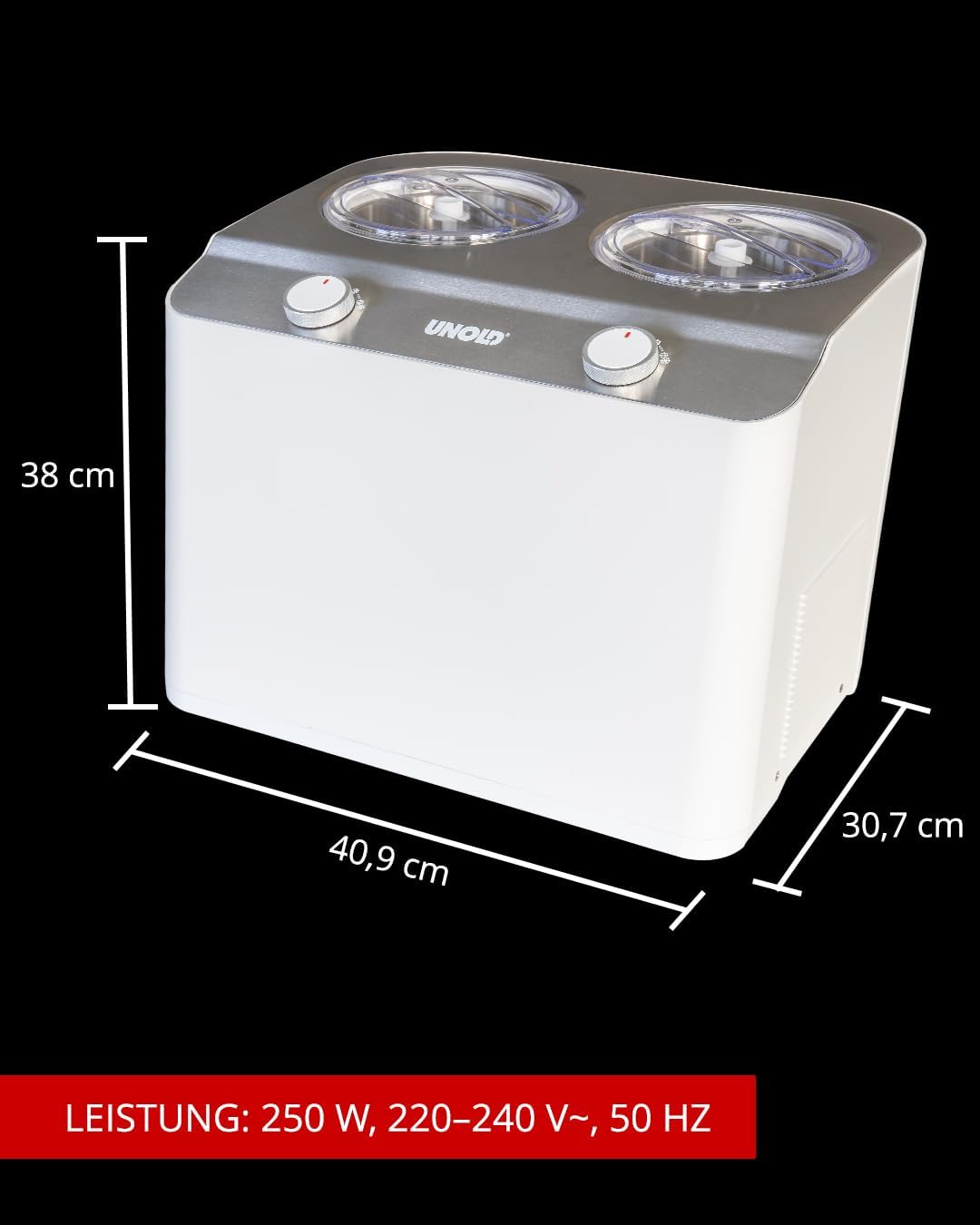 Unold 48830 Doppio Bianco Eismaschine, Speiseeisbereiter mit Kompressor inkl. 2 Eisbehälter (je 1,2