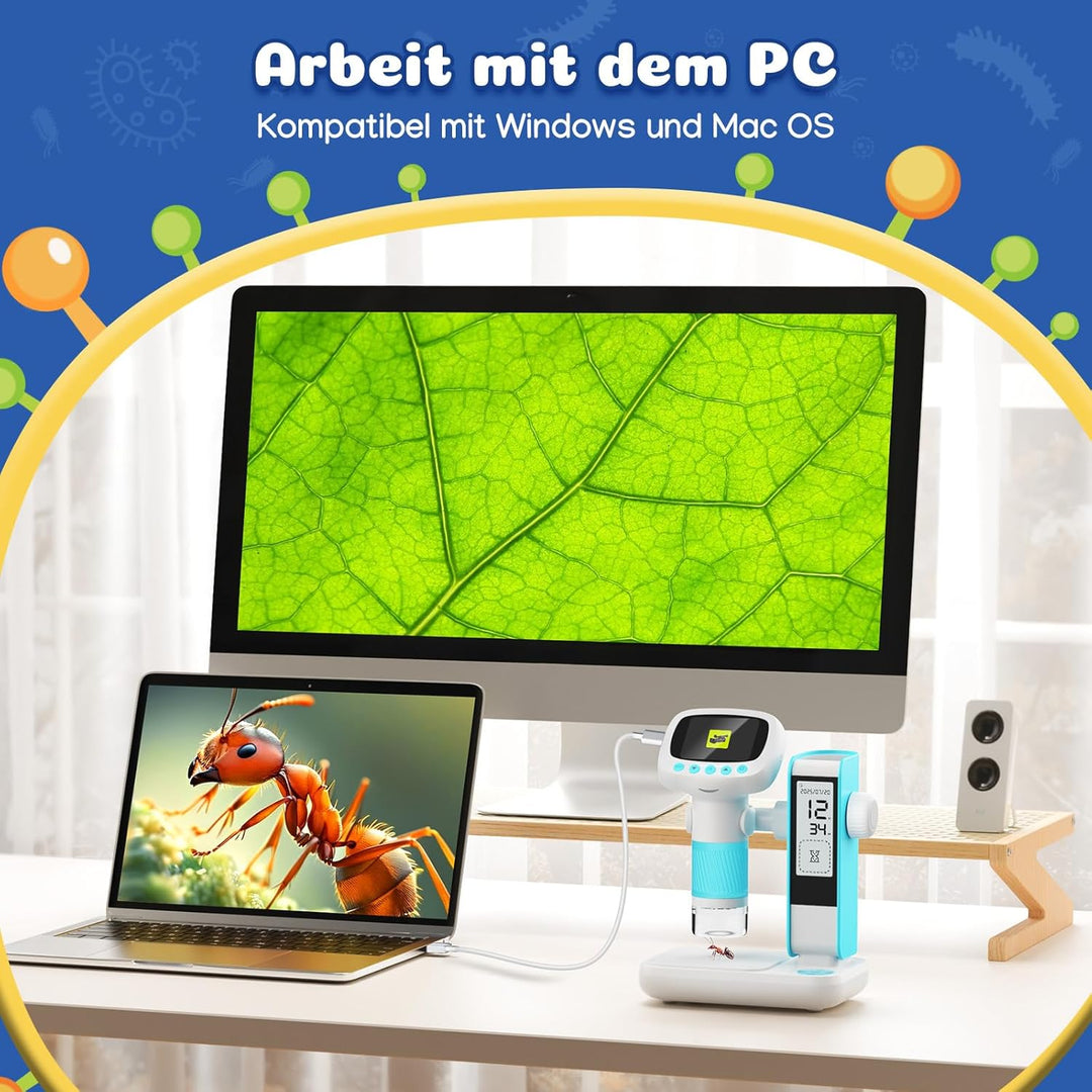 Digitales Mikroskop für Kinder mit Wecker, Tragbares Kinder Mikroskop mit 1000x Vergrösserung, 2 Zol
