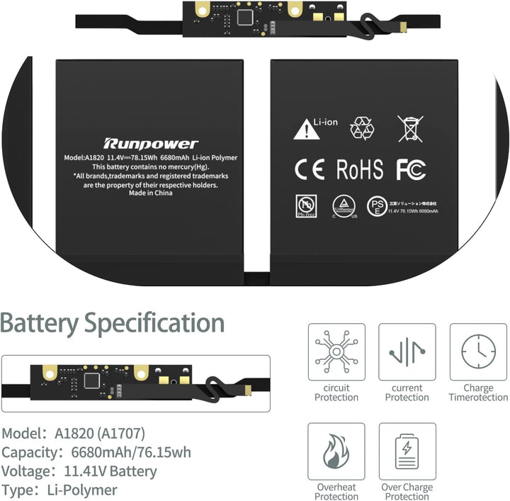 A1820 Batterie,Runpower Laptop Batterie Kompatibel mit MacBook Pro 15 Zoll(Late 2016 Mid 2017),Ersat