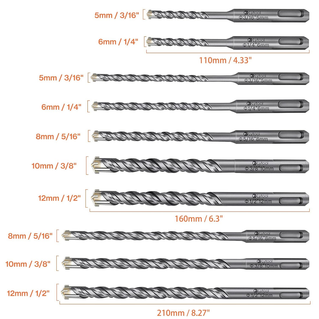 SDS-Plus-Bohrer-Set, Lytool 10 tlg Steinbohrer Hammerbohrer Betonbohrer Set Ø 5, 6, 8, 10, 12 mm (11