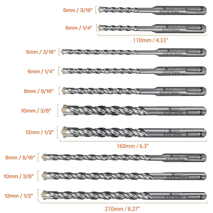 SDS-Plus-Bohrer-Set, Lytool 10 tlg Steinbohrer Hammerbohrer Betonbohrer Set Ø 5, 6, 8, 10, 12 mm (11