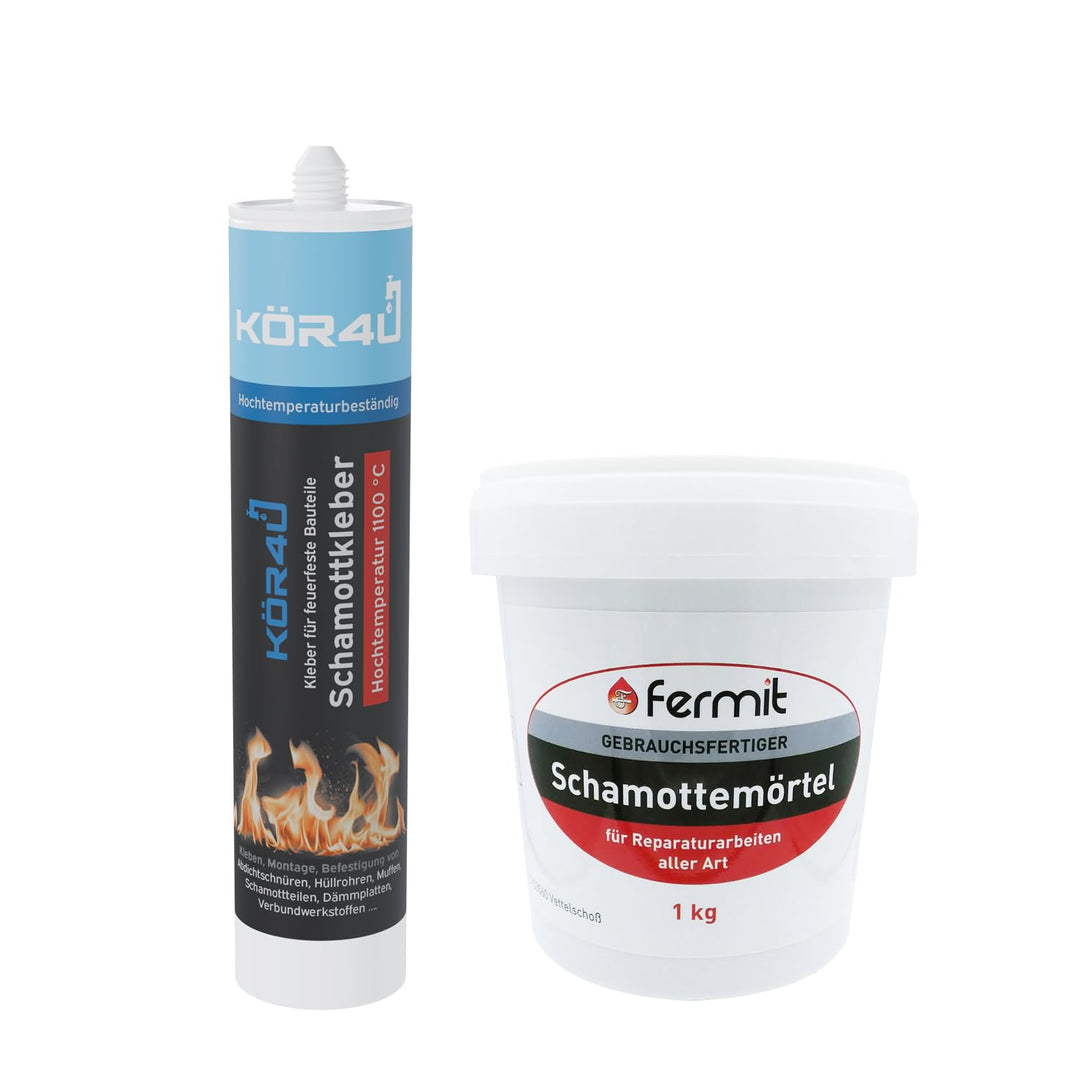 kör4u Schamottkleber beige + Fermit Schamottemörtel 1kg, Kleber für feuerfeste Bauteile, perfekt zur