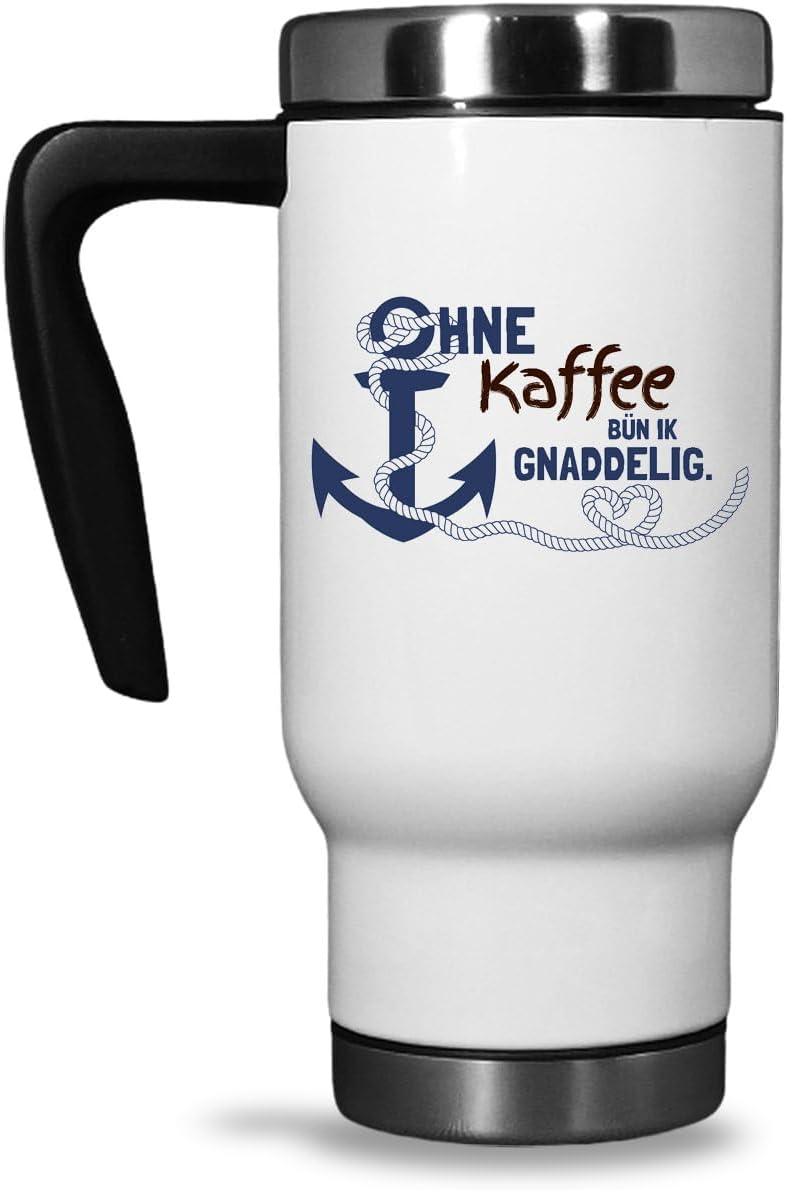 Maritimer Thermobecher To Go 'Ohne Kaffee bün ik Gnaddelig', 470ml – Isolierbecher mit Anker-Motiv u
