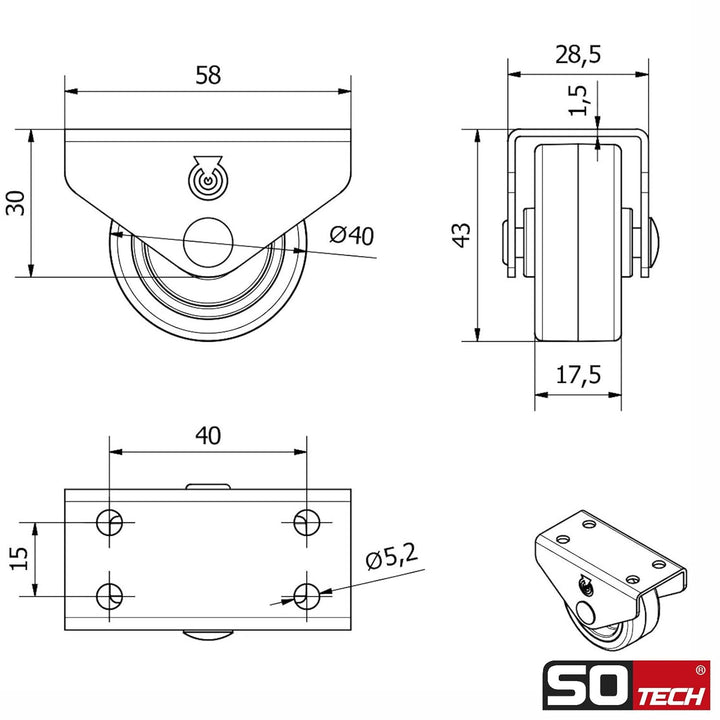 Sotech 20er Set Kastenrolle PASSAU (Ø 40 mm, für Unterbaumontage, dunkelgrau) Transportbockrolle, le