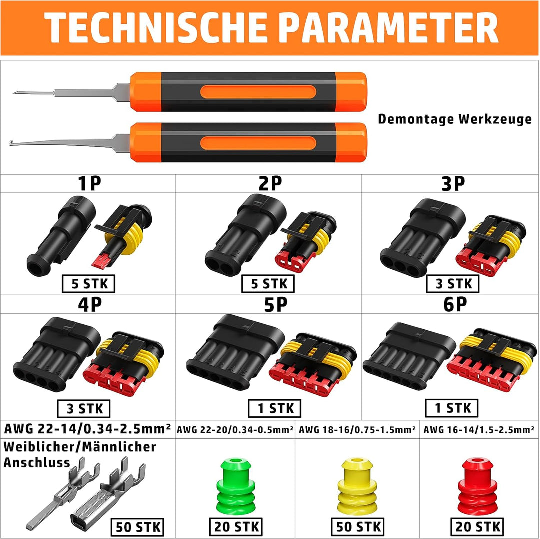 PEBA Crimpzange Wasserdicht Kfz Stecker Set, Crimpzangen 0.34-2.5mm², 1/2/3/4/5/6 Polig Steckverbind