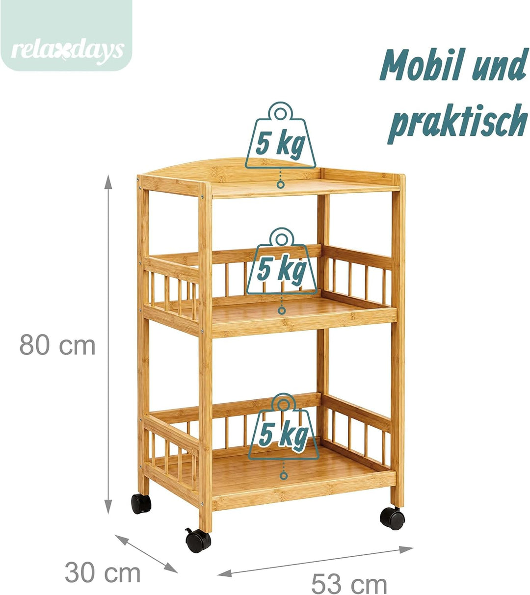 Relaxdays Servierwagen, Bambus, HxBxT: 80 x 53 x 30 cm, 3 Etagen, Natur | Rollregal für Küche &amp; Wohn