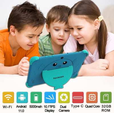 Ascrecem Kinder Tablet 10 Zoll Android Tablet kinder mit WiFi Doppelkamera IPS Display 2GB 32GB,lern