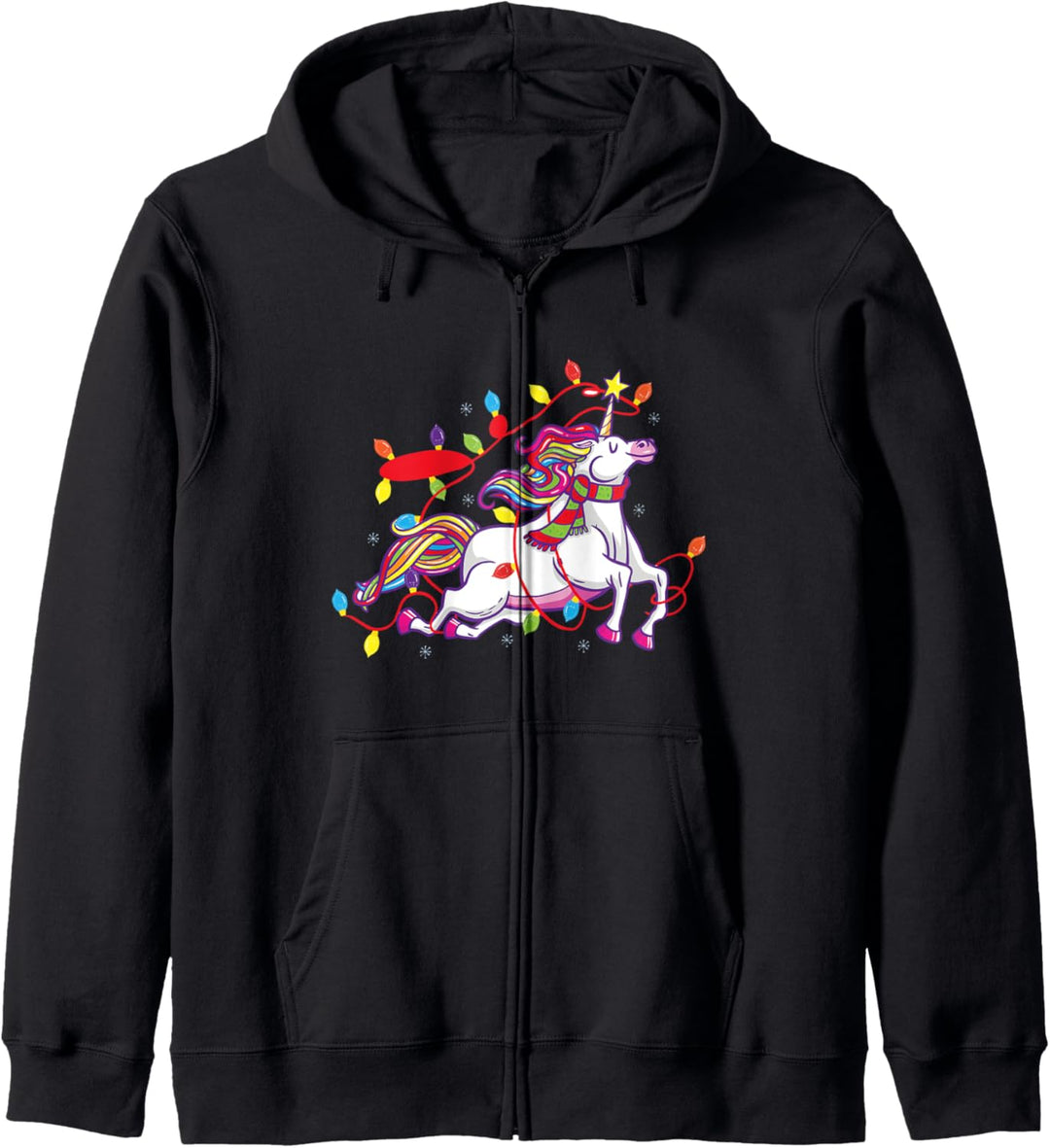 Weihnachtseinhorn, das Lichterkettengeschenk trägt Kapuzenjacke