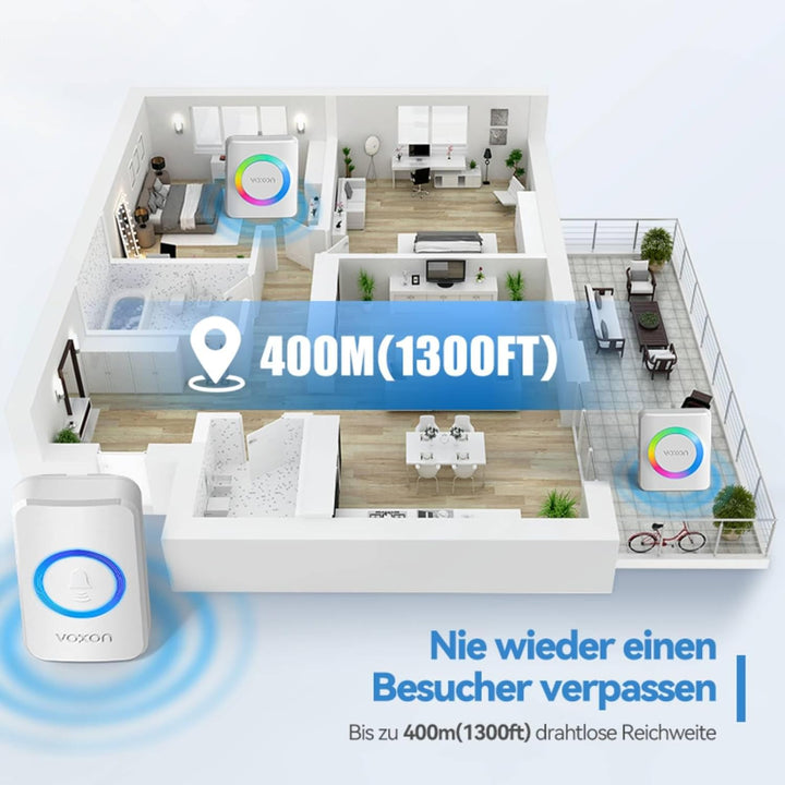 VOXON Funkklingel, 400m Reichweite Türklingel Funk Set, IP65 Aussen Wasserdicht Klingel Haustür mit