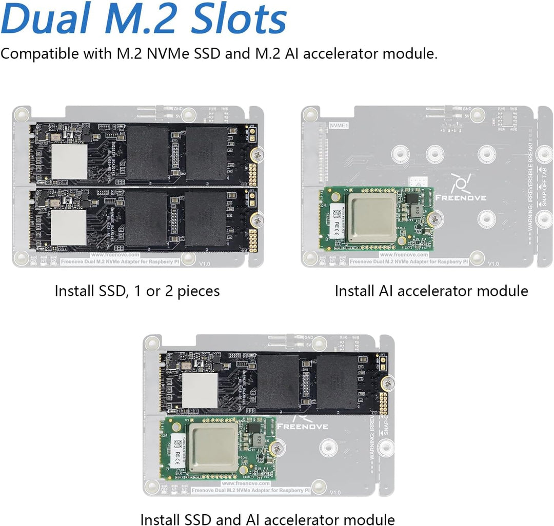 FREENOVE Dual M.2 NVMe SSD HAT for Raspberry Pi 5, M.2 Adapter AI HAT 2 Slots NAS RAID Kit, Solid St