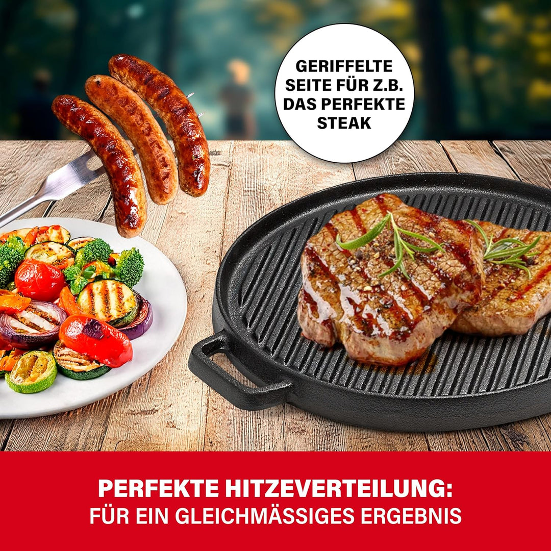 BBQ BOSS Gusseisen Grillplatte [2 in 1] Grillrost – Grillplatte rund – Platte für den Grill – wendba