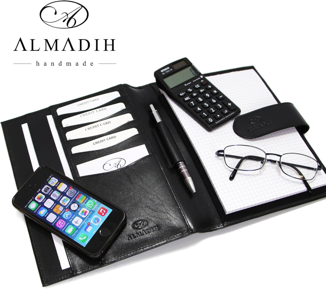 ALMADIH Leder A5 Schreibmappe mit Schreibblock Premium Rindsleder Schwarz Onyx Ledermappe Mappe Doku