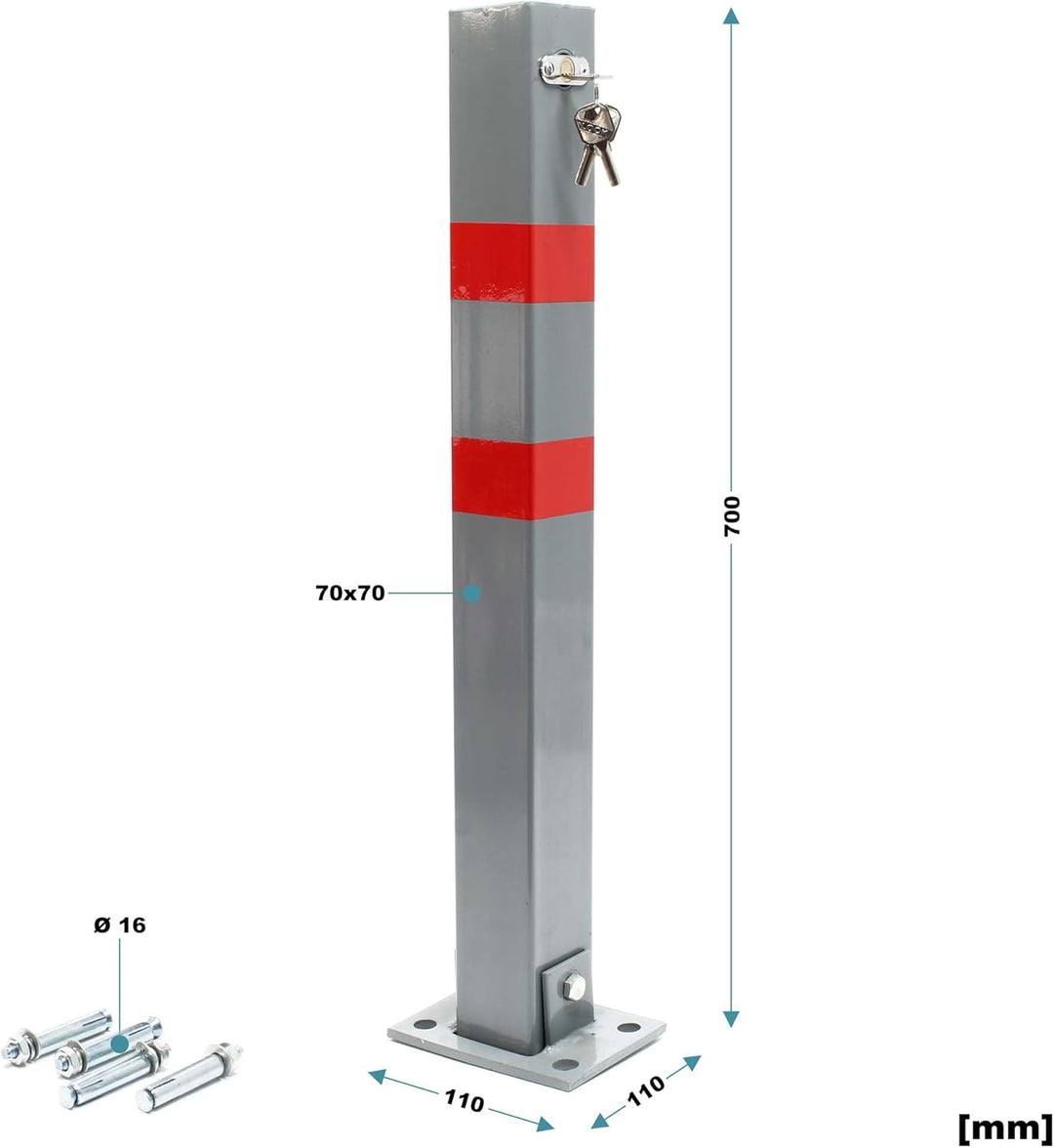 Wiltec Parkpfosten 700 x 160 x 110 mm, Parkplatzsperre klappbar eckig, Absperrpfosten aus Stahl, Par