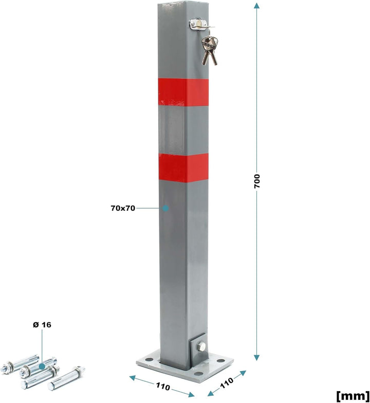 Wiltec Parkpfosten 700 x 160 x 110 mm, Parkplatzsperre klappbar eckig, Absperrpfosten aus Stahl, Par