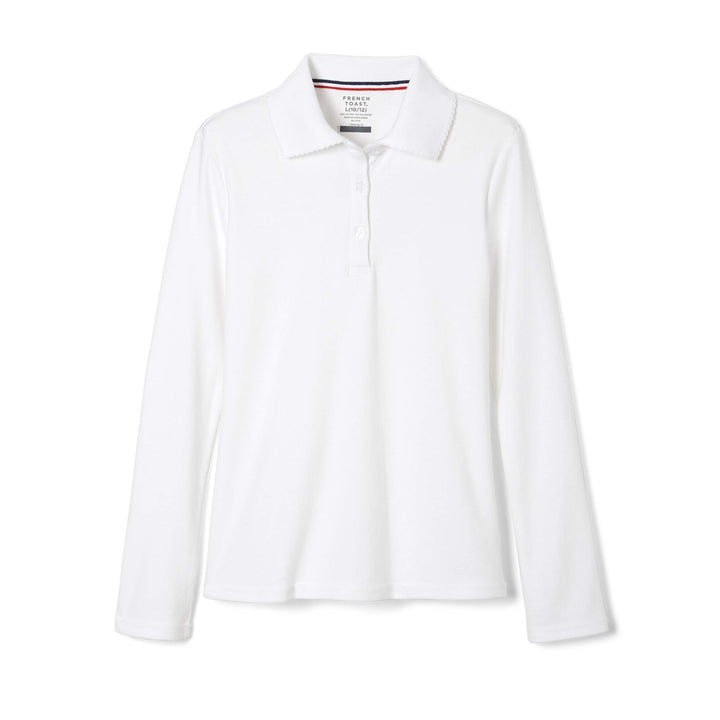 French Toast Girls Size' Long Sleeve Interlock Polo with Picot Collar, White, Large/14/16/Plus