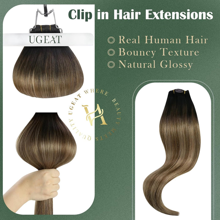 Ugeat Clip in Extensions Echthaar Balayage Braun Glatt Clip in Haarverlängerung Mittelbraun Balayage