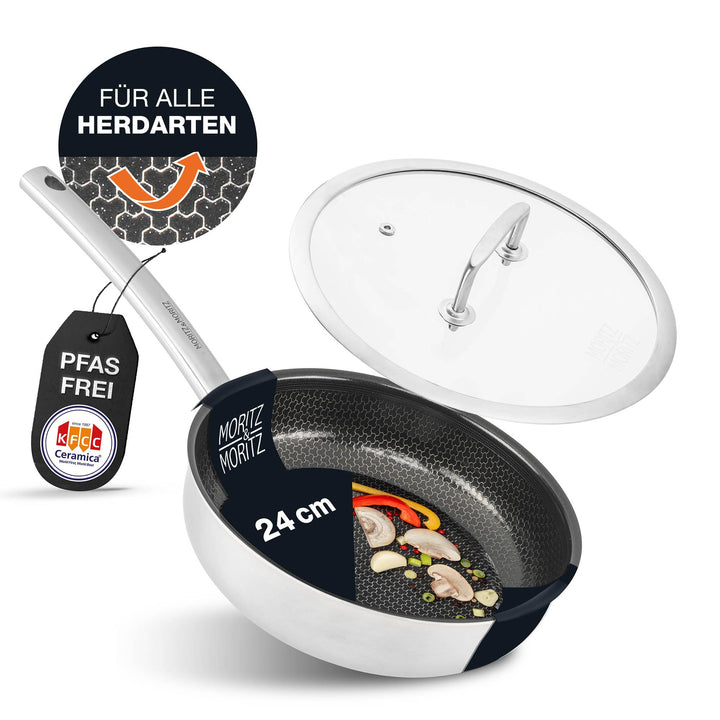 Moritz & Moritz Edelstahlpfanne mit Deckel 24cm und Keramikbeschichtung der neuesten Generation - fü