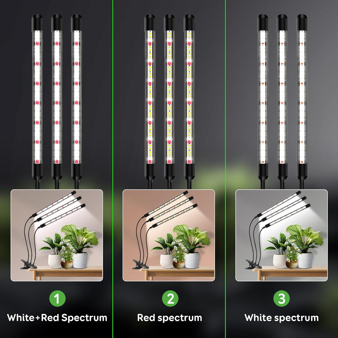 1Pack 3Köpfe Pflanzenlampe LED, Pflanzenlicht Vollspektrum, Pflanzenleuchte mit Zeitschaltuhr, 3 Far