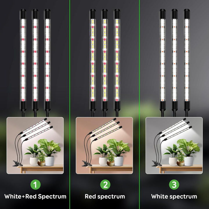 1Pack 3Köpfe Pflanzenlampe LED, Pflanzenlicht Vollspektrum, Pflanzenleuchte mit Zeitschaltuhr, 3 Far