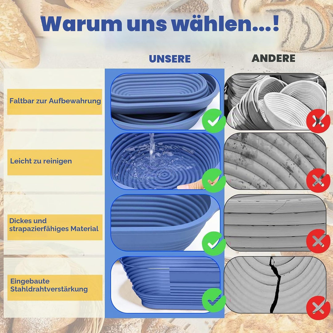 Brot Gärkorb Set: 29cm Gärkörbchen Oval + 23cm Gärkörbchen Rund + Ölpinsel, Faltbarer,mit Aufhängelo