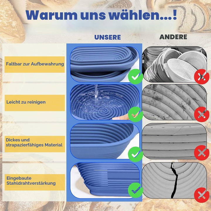 Brot Gärkorb Set: 29cm Gärkörbchen Oval + 23cm Gärkörbchen Rund + Ölpinsel, Faltbarer,mit Aufhängelo