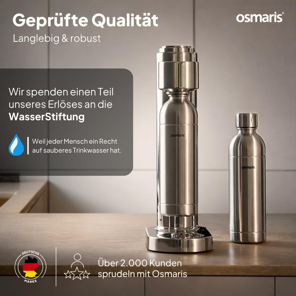 Wassersprudler aus hochwertigem Edelstahl - Design Soda Maker inkl. 2x 1,1 L Edelstahlflaschen - ges