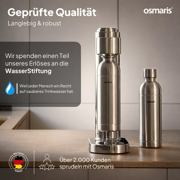Wassersprudler aus hochwertigem Edelstahl - Design Soda Maker inkl. 2x 1,1 L Edelstahlflaschen - ges