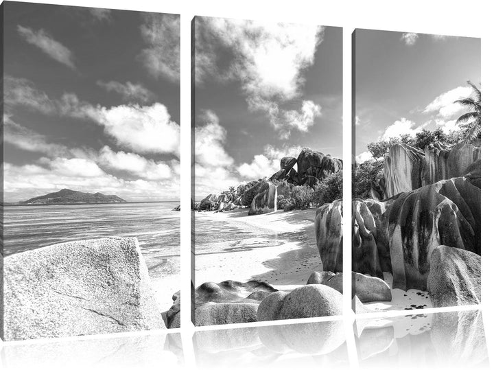 Pixxprint Seychellen Strand Kunst B&W 3-Teiler Leinwandbild 120x80 Bild auf Leinwand, riesige Bilder