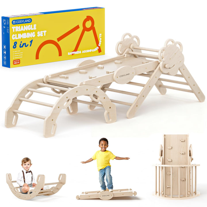 COSYLAND Klettergerüst Indoor L – Grosses Kletterdreieck Set mit Kletterbogen & Rutsche – 8-in-1 Mas