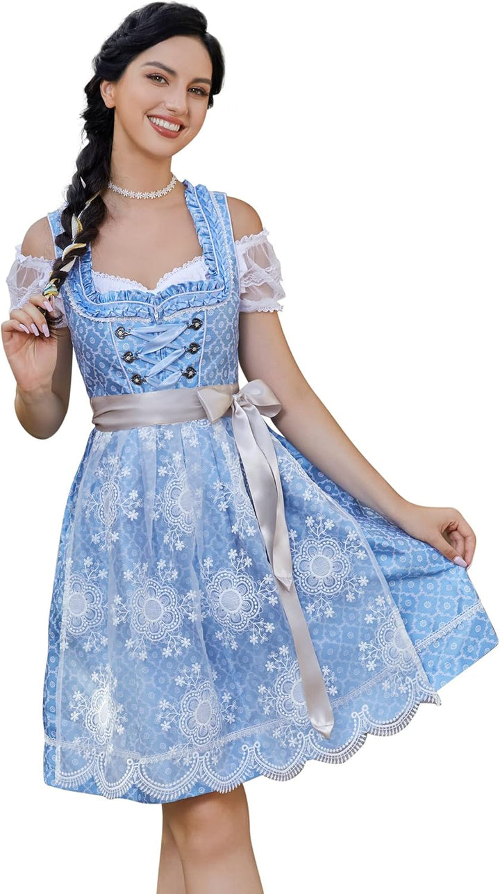Clearlove Dirndl Damen midi 3tlg.Trachtenkleid für Oktoberfest,Karneval,DREI Teilig: Kleid, Bluse, S