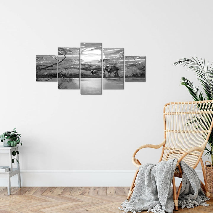 Runa Art Wandbilder Afrika Elefant 5 Teilig Bild auf Vlies Leinwand Deko Wohnzimmer Schlafzimmer Gra