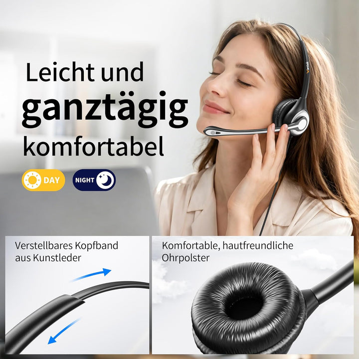 Wantek 602F Headsets mit Kabel Noise Cancelling Mikrofon USB 3,5mm Stecker und Typ-C Adapter für Com