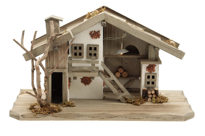 Holz Krippenstall, Weihnachtskrippe mit Licht 38*18*21cm (OHNE Krippenfiguren), OHNE Krippenfiguren