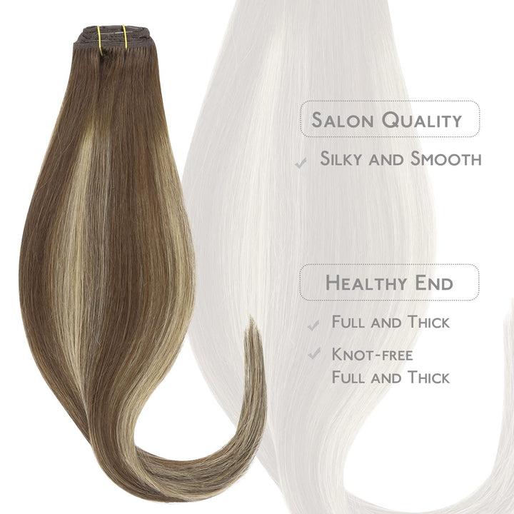 WENNALIFE Clip in Extensions Echthaar, 75g 5pcs 40cm Balayage Schokoladenbraun bis Honigblond Extens