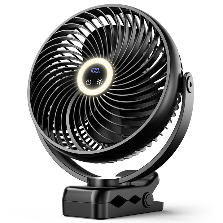 Koonie 20cm Tragbarer Mini Clip Ventilator, USB Tischventilator mit 10000 mAh Akku, Licht, Digitalan