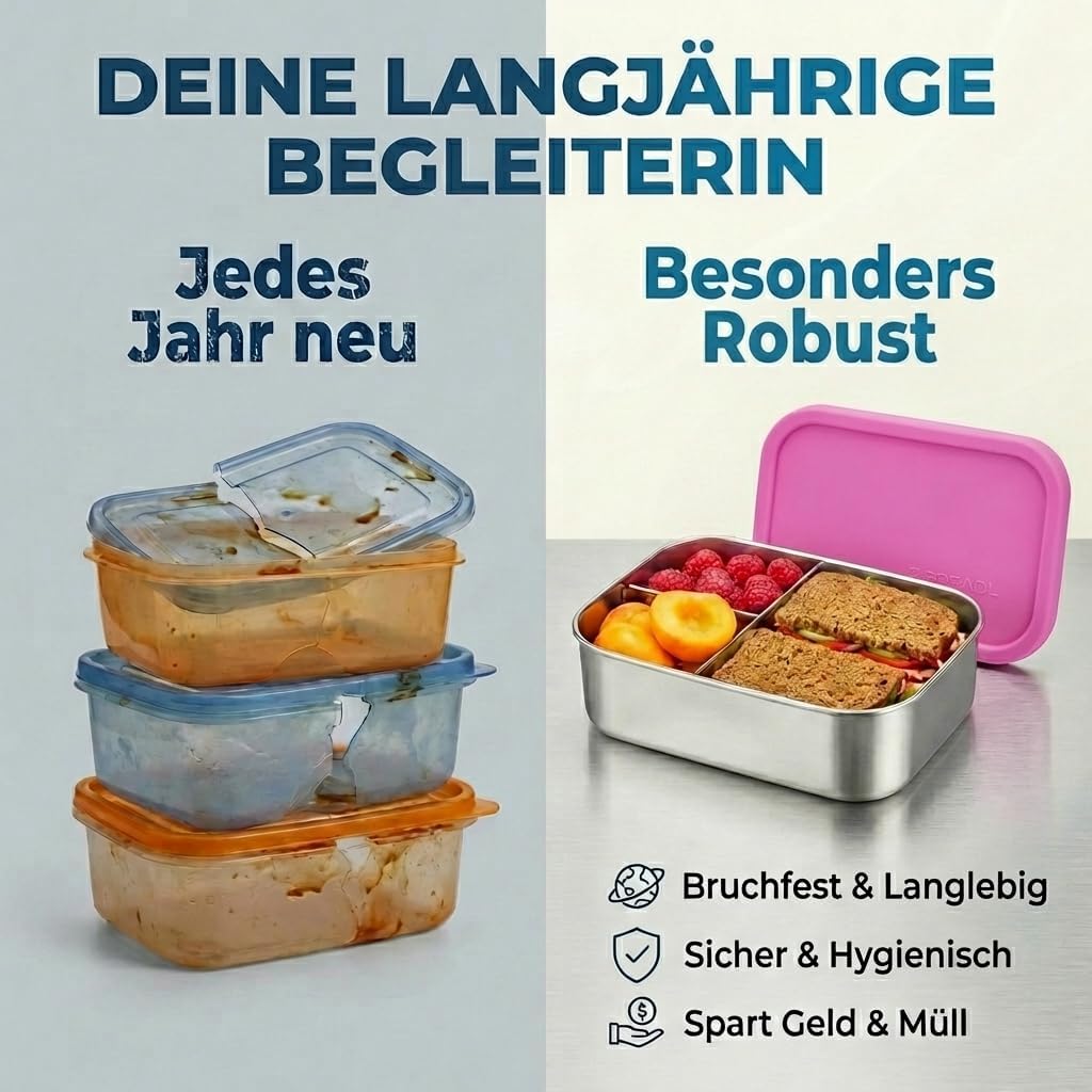 Edelstahl Brotdose, Feste Trennwand und 3 Fächer, Silikondeckel, Auslaufsicher, Spülmaschinengeeigne