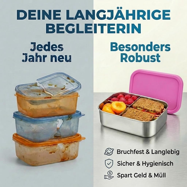 Edelstahl Brotdose, Feste Trennwand und 3 Fächer, Silikondeckel, Auslaufsicher, Spülmaschinengeeigne