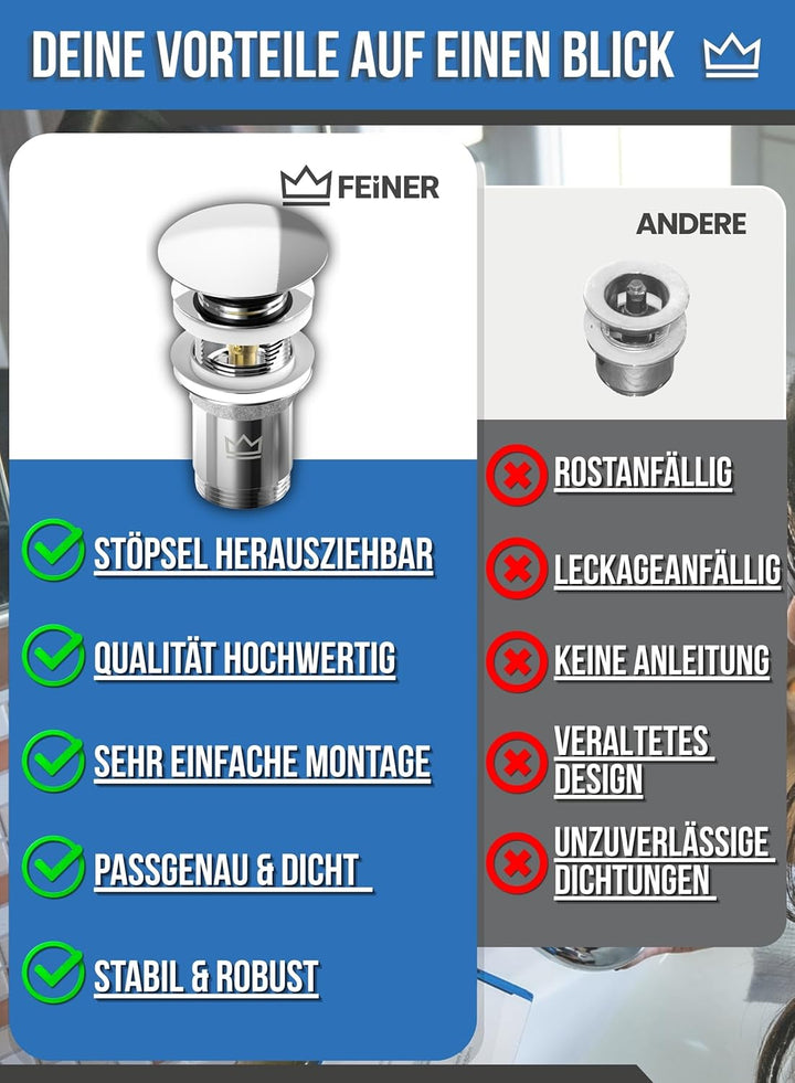 FEINER® 2-er Set, Waschbecken Ablaufgarnitur für Waschbecken &amp; Waschtisch Aller Art MIT Überlauf, St