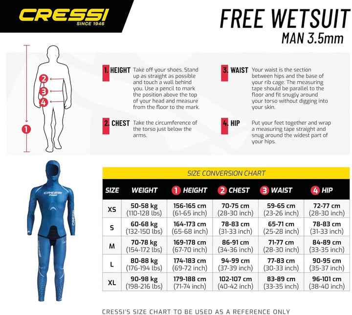 Cressi Free Man - Herren Apnoe-Neoprenanzug aus 3,5 mm glattem Neopren, Metallisch Blaue Farbe, M
