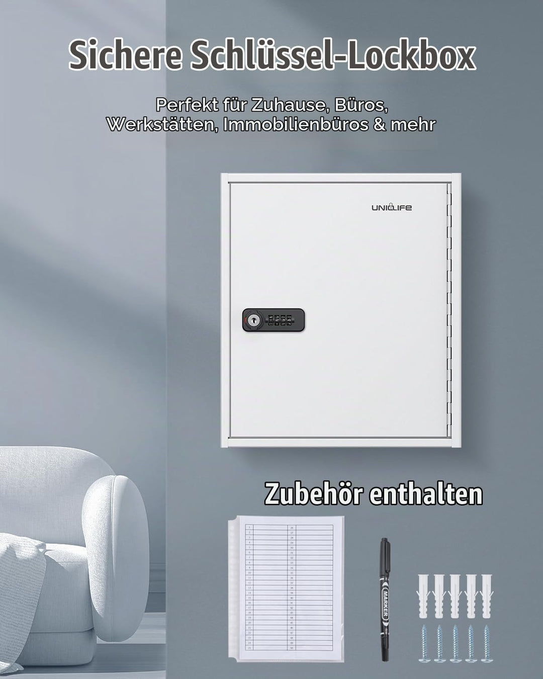 Uniclife Schlüsselschrank 60 Fach mit Zahlenschloss und Schlüssel resettbar digitaler Sicherheitstre