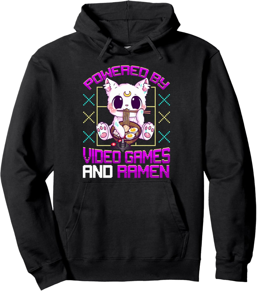 Powered By Video Games And Ramen Kawaii Anime Cat Pullover Hoodie