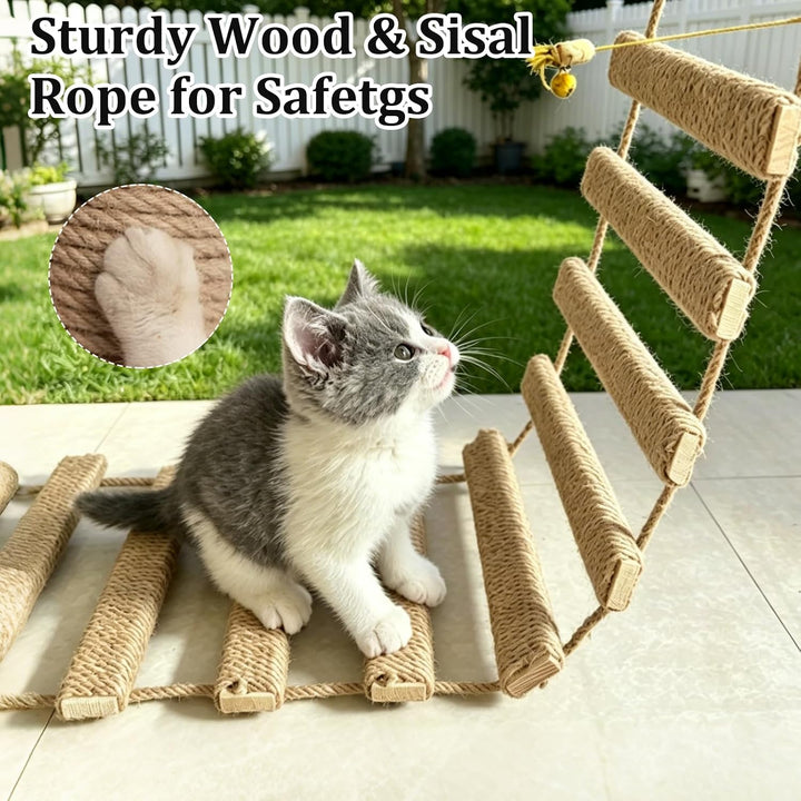 Katzenleiter 150 cm, 3-in-1 Katzenleiterbrücke Wand aus Holz &amp; Sisalseil | Katzenbrücke Wand Katzent