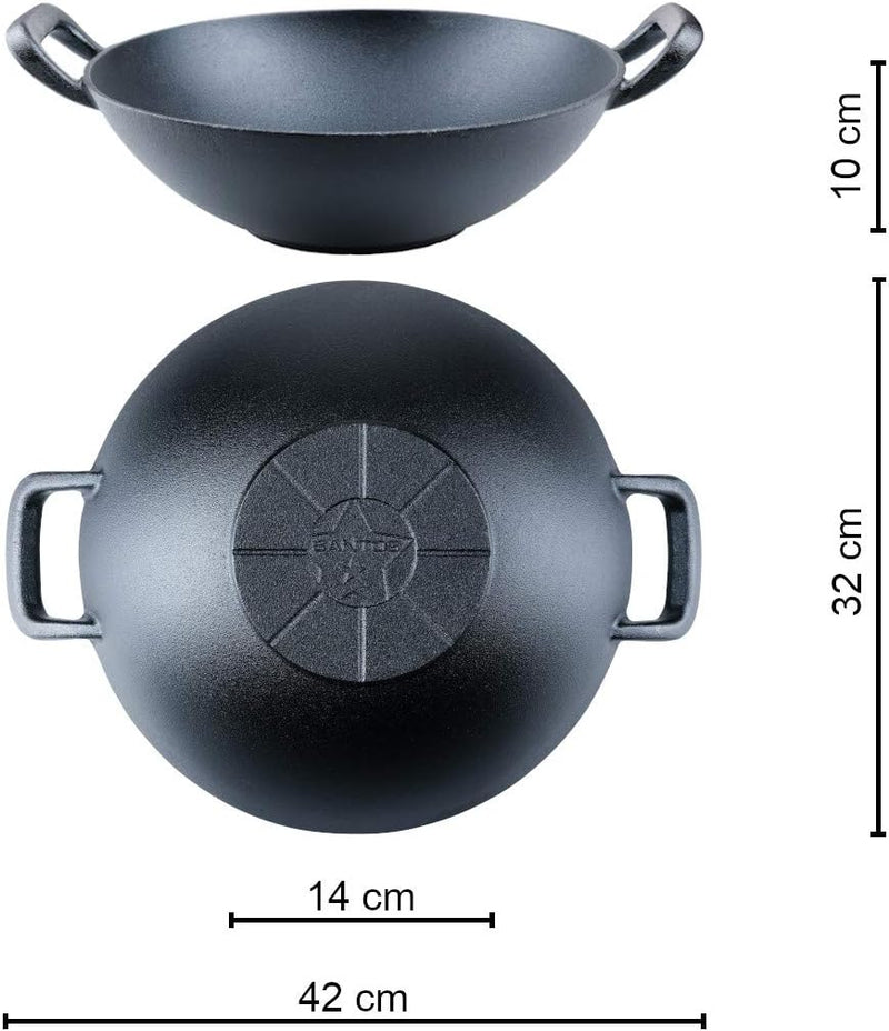 SANTOS Gusseisen Wokpfanne rund - Guss-Wok - Ø 32cm - 3,52 kg - Feuertopf - Grilltopf - ideal für La