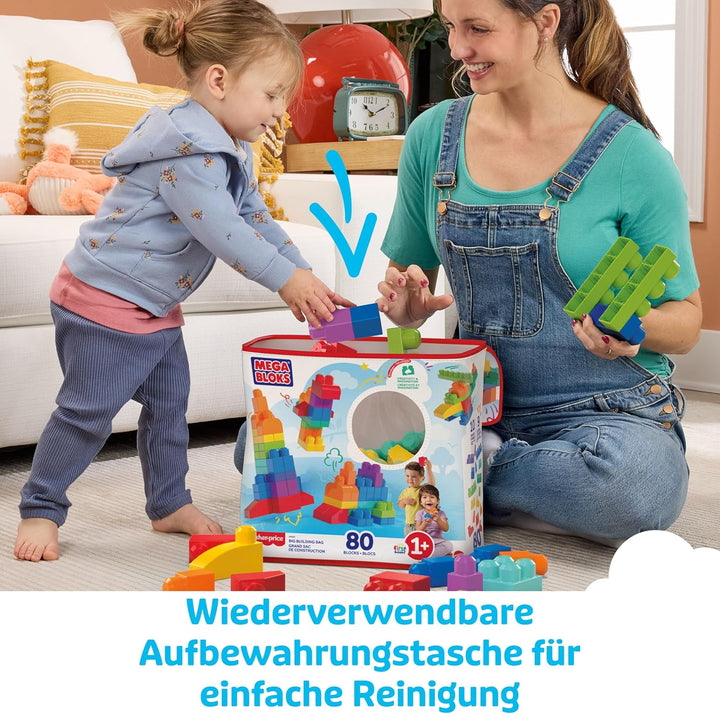 MEGA BLOKS Fisher-Price Bausteine für Kleinkinder, grosser Bausteinebeutel mit 80 Teilen und Aufbewa