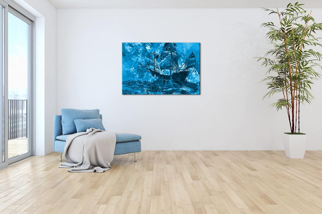 deyoli abstrakte Zeichnung eines Geisterschiffes Format 80x60 Effekt: Monocrome Blau als Leinwandbil