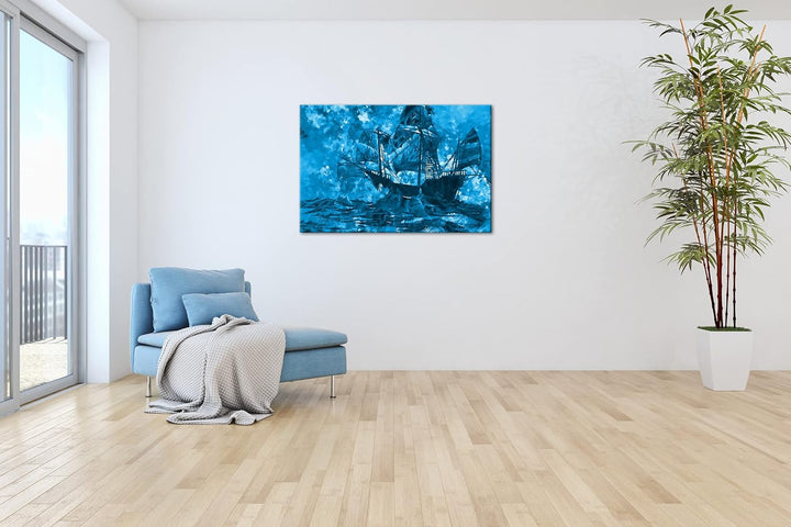 deyoli abstrakte Zeichnung eines Geisterschiffes Format 80x60 Effekt: Monocrome Blau als Leinwandbil